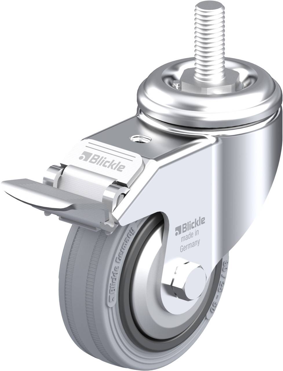 Industrie-Rollenrad mit grauer Gummibereifung und Metallgestell, inklusive Bremse und Gewindebolzen oben.