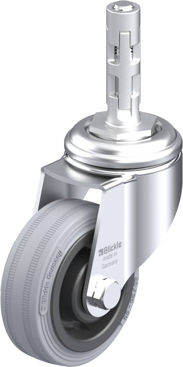 Grau-gummiertes Rad mit Metallhalterung, industrielles Design, von Blickle, zeigt Federung und Schwenkmechanismus für Mobilität.