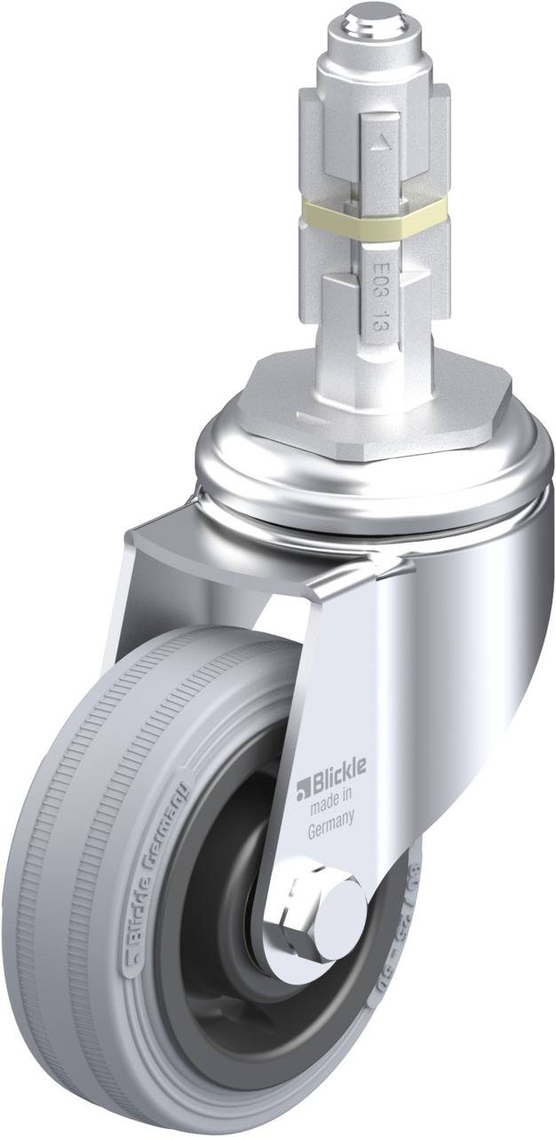Industrie-Lenkrolle mit drehbarem Metallgehäuse und grauem Rad, geeignet für schwere Lasten, mit Aufschrift 'Blickle Made in Germany'.