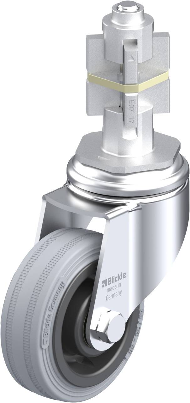 Rolle mit silbernem Gehäuse und grauem Rad, Markenname 'Blickle' auf der Seite. Geeignet für industrielle Anwendungen.