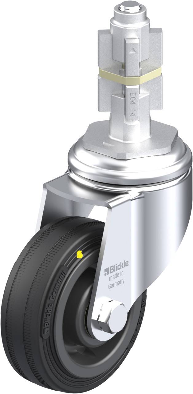 Rolle mit schwarzem Rad und silbernem Gehäuse, Drehgelenk und Befestigungselement, gezeigte Markenname 'Blickle' und Herkunft 'Germany'.