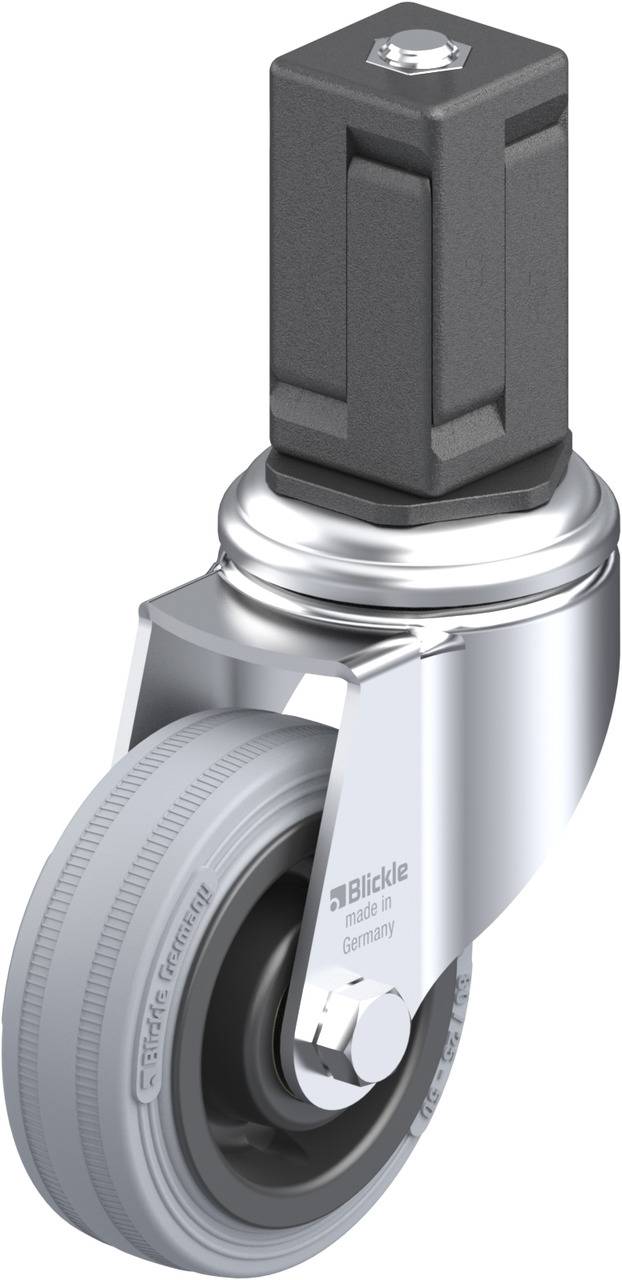 Industrie-Lenkrolle mit grauem Rad und quadratischer Halterung, geeignet für verschiedene Anwendungen im Maschinenbau.