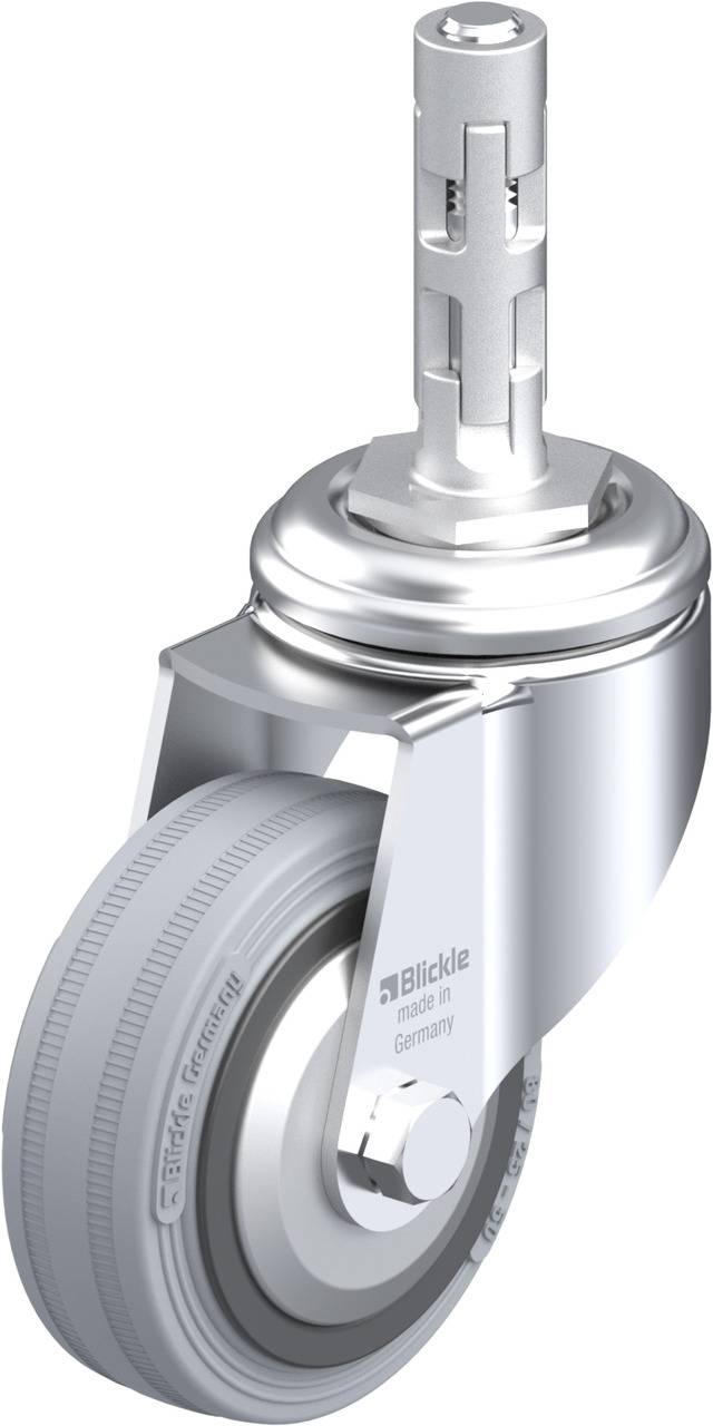 Industrie-Lenkrolle mit grauem Rad und silbernem Gehäuse, geeignet für schwere Lasten. Aufschrift 'Blickle Made in Germany'.