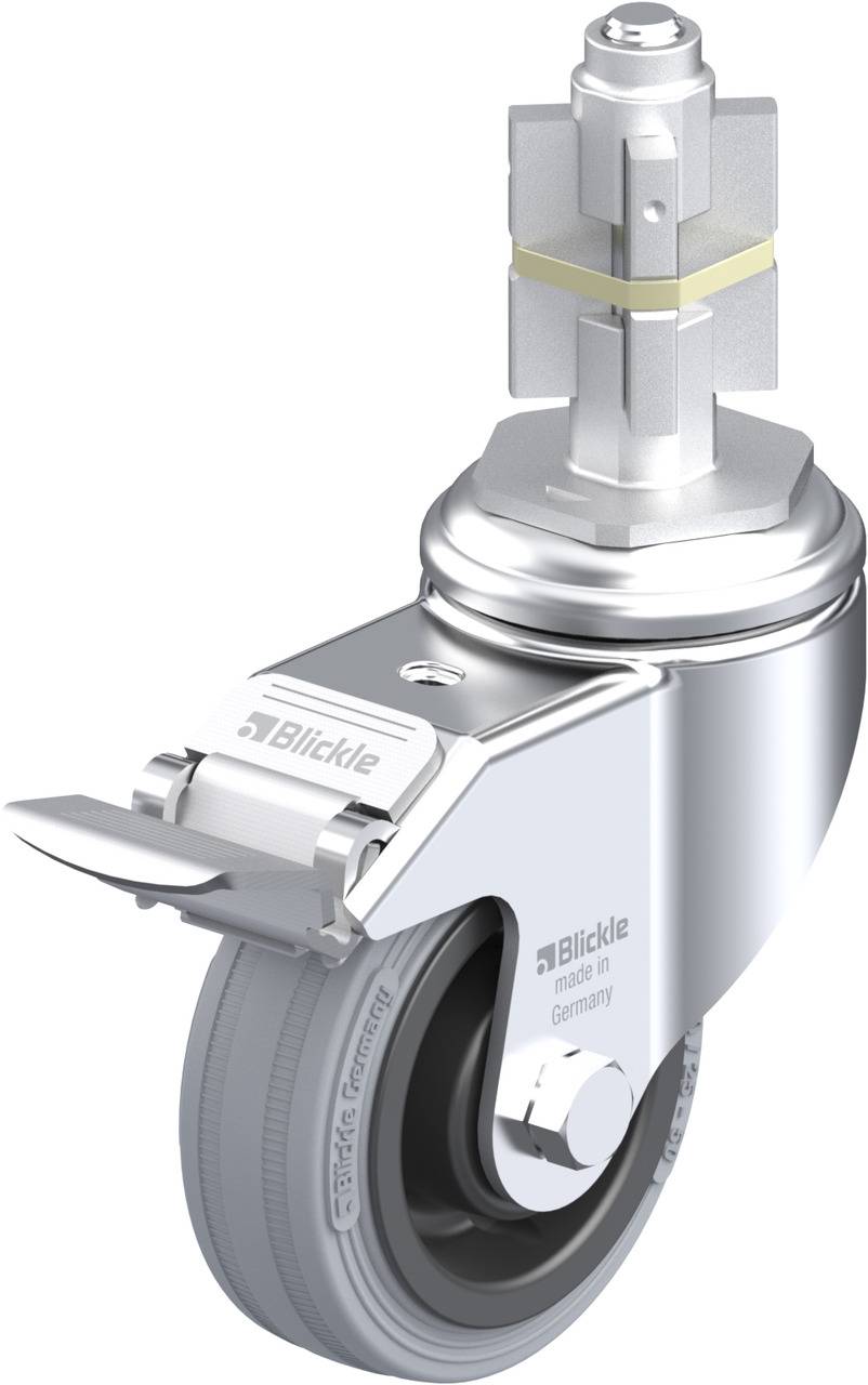 Lenkrolle aus Metall mit grauem Rad, Bremse und Montagevorrichtung oben. Aufschrift 'Blickle'.
