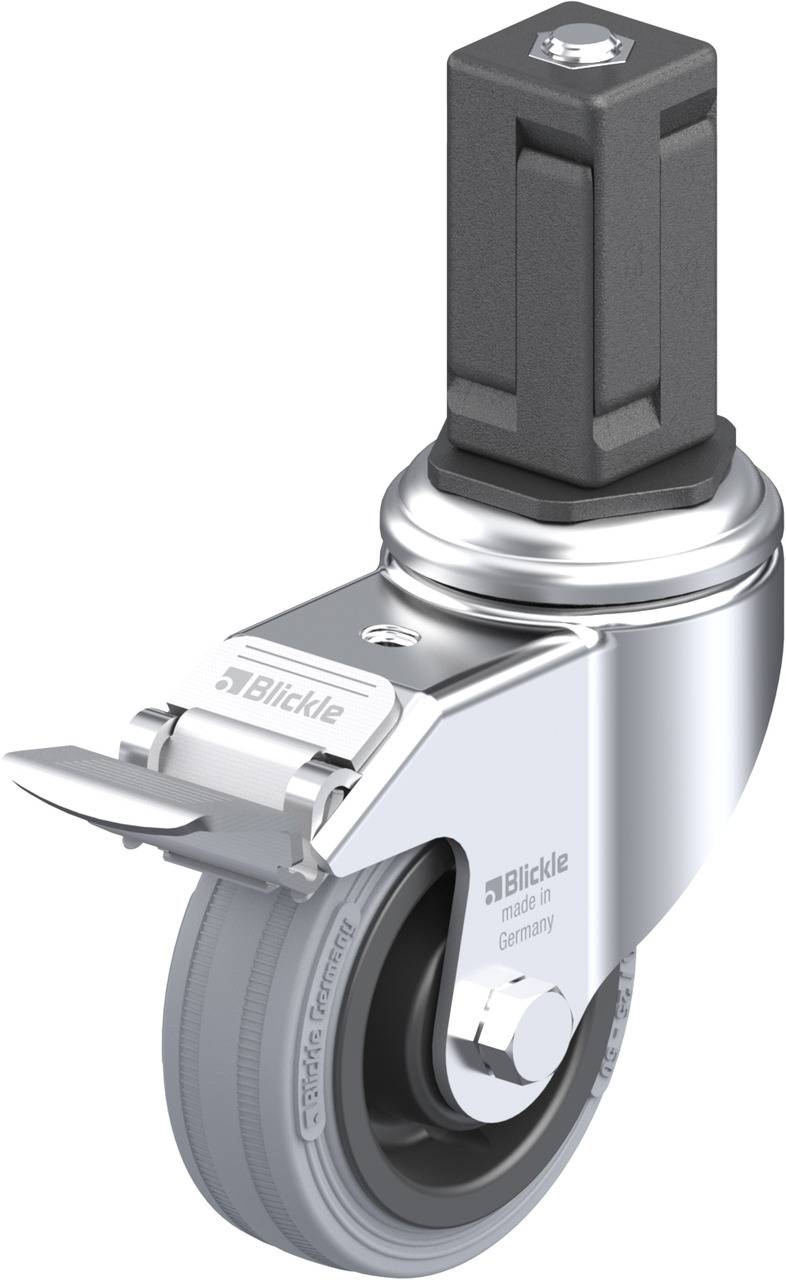 Schwenkrolle mit grauem Rad und silbernem Halter, geeignet für Möbel oder Geräte. Markiert mit 'Blickle Made in Germany'.