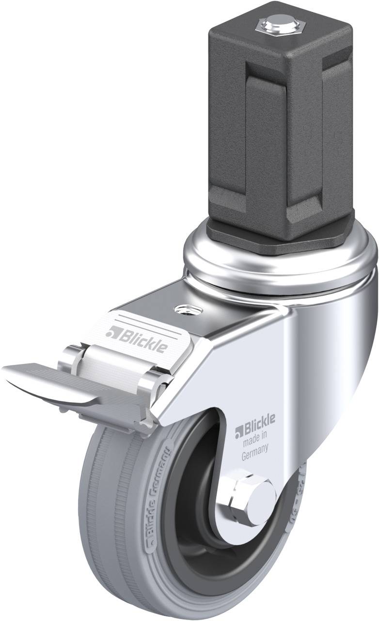 Metallischer Lenkrollenstoßdämpfer mit grauem Rad und schwarzem Befestigungselement. Text auf der Rolle: 'Blickle Made in Germany'.