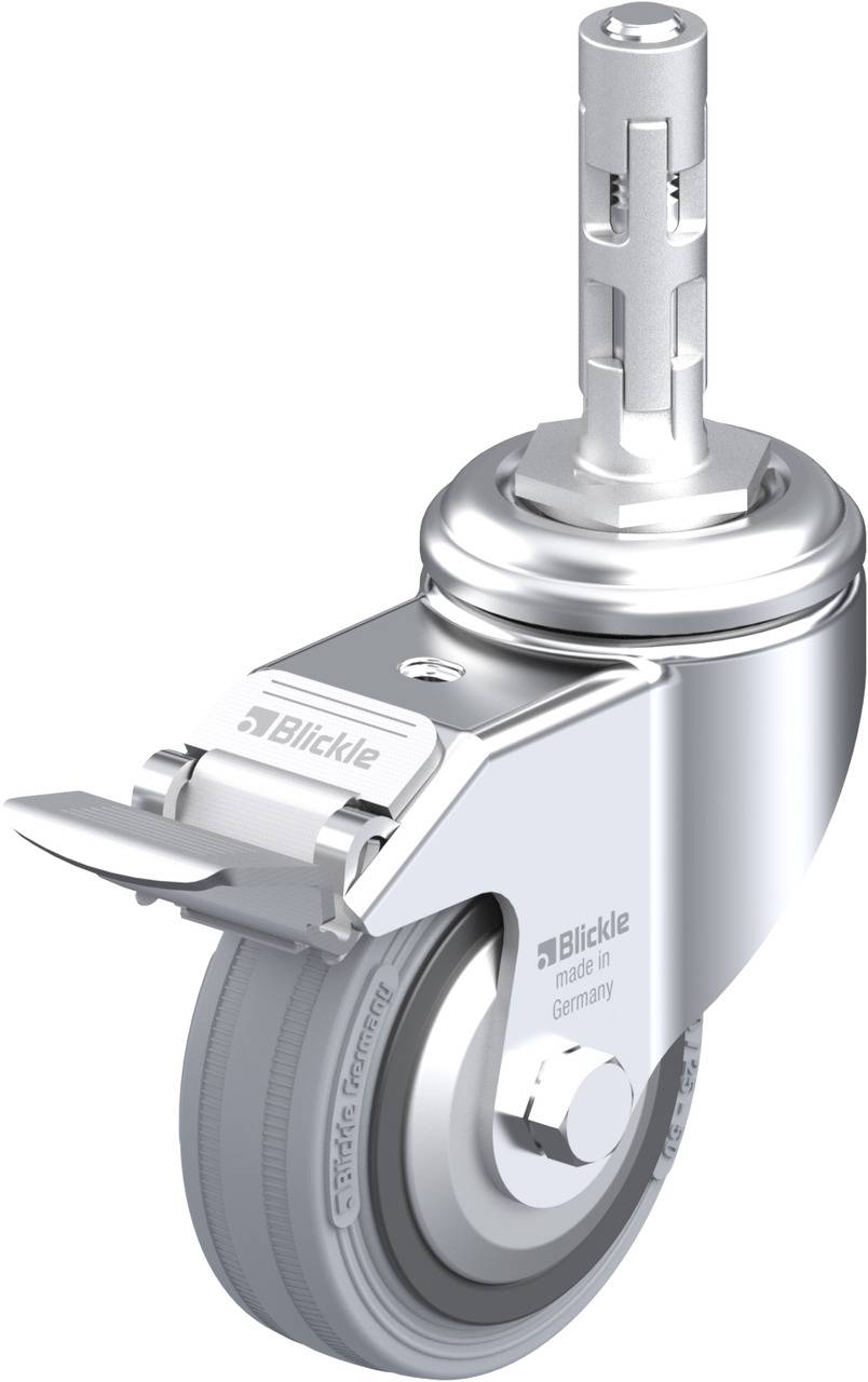 Industrie-Lenkrolle aus Metall mit grauem Rad und Halterung. Markierung: 'Blickle made in Germany'.