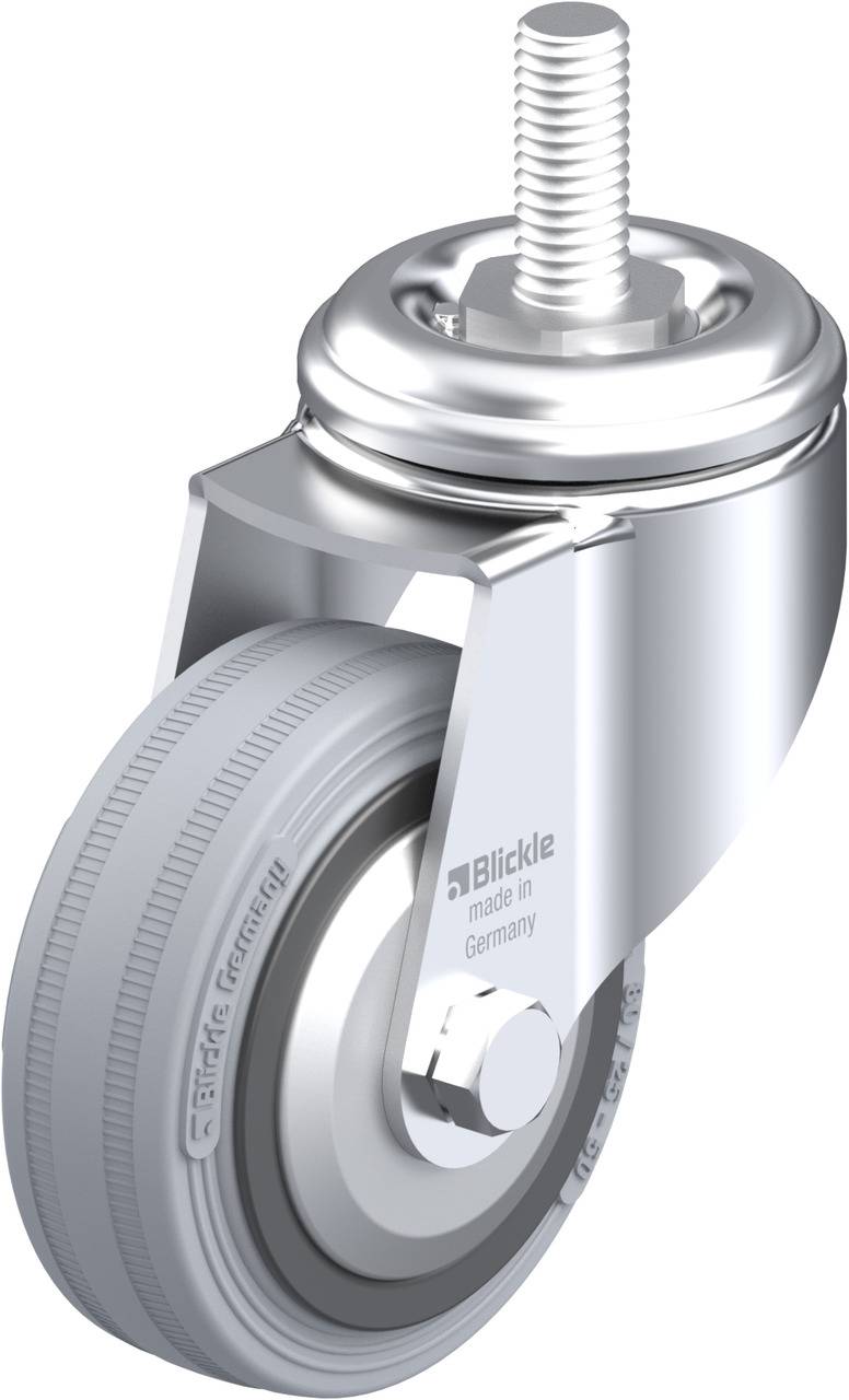 Schwenkrolle mit grauem Rad und Metallgehäuse. Aufdruck: 'Blickle made in Germany'. Gewindestift zum Befestigen oben.