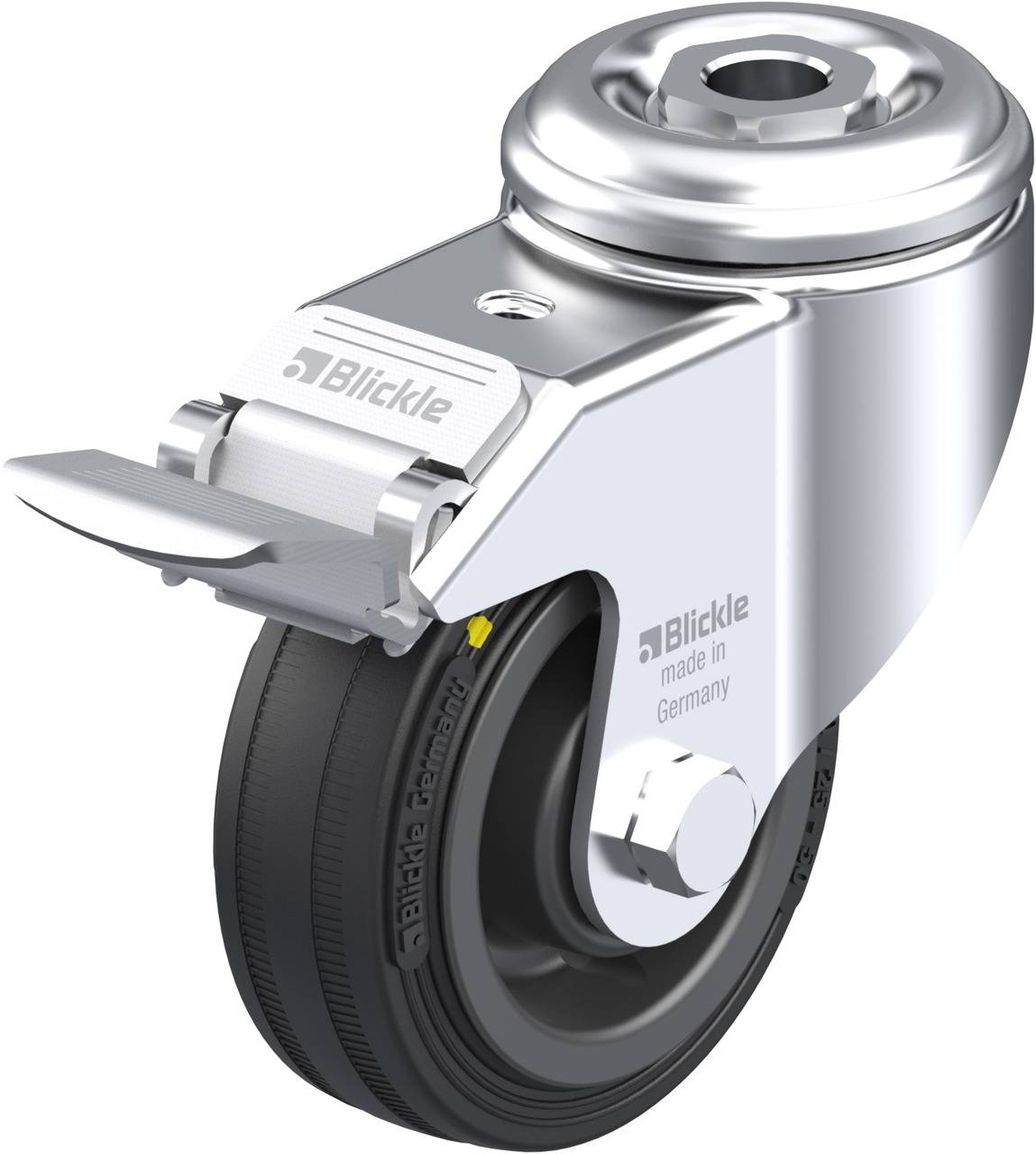 Schwenkrolle mit Bremse aus Metall und Gummi, Aufschrift 'Blickle made in Germany', Ansicht von der Seite.