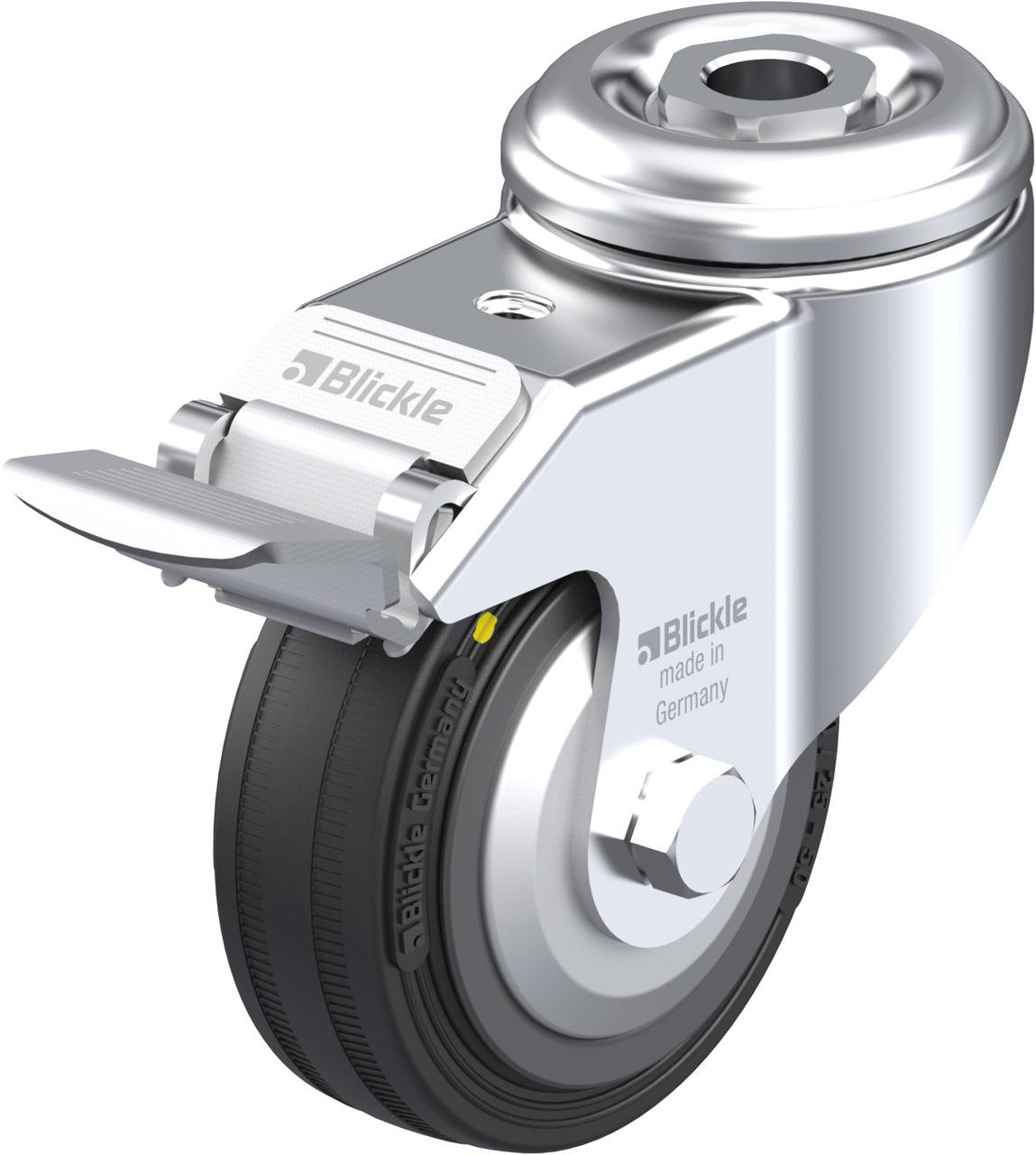 Ein einzelnes Lenkrolle aus Metall mit schwarzem Rad, gebrandet mit 'Blickle, made in Germany'.