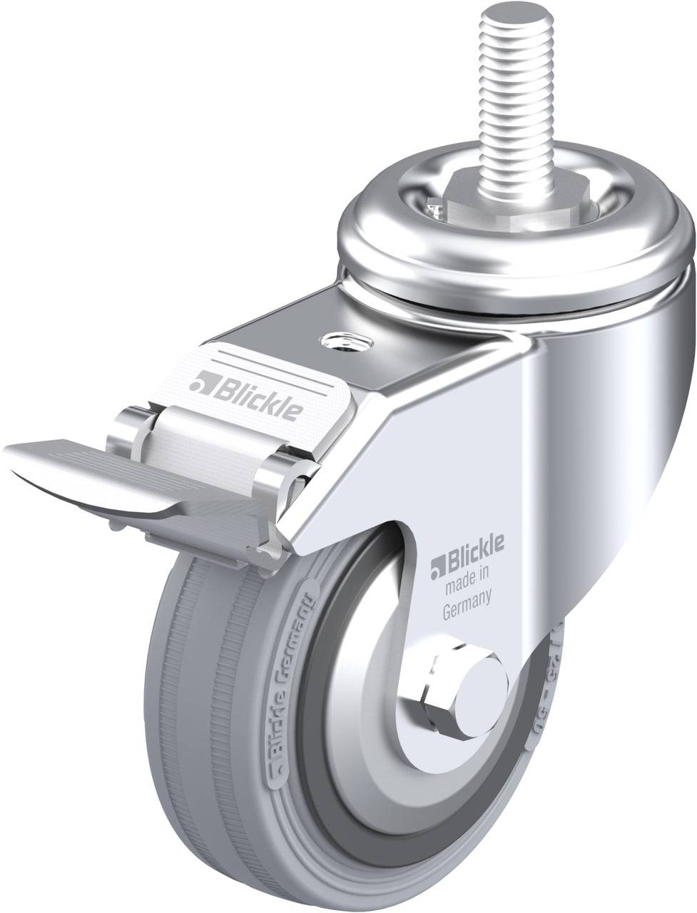 Metallrolle mit grauem Rad und Gewindestift, hergestellt in Deutschland von Blickle.