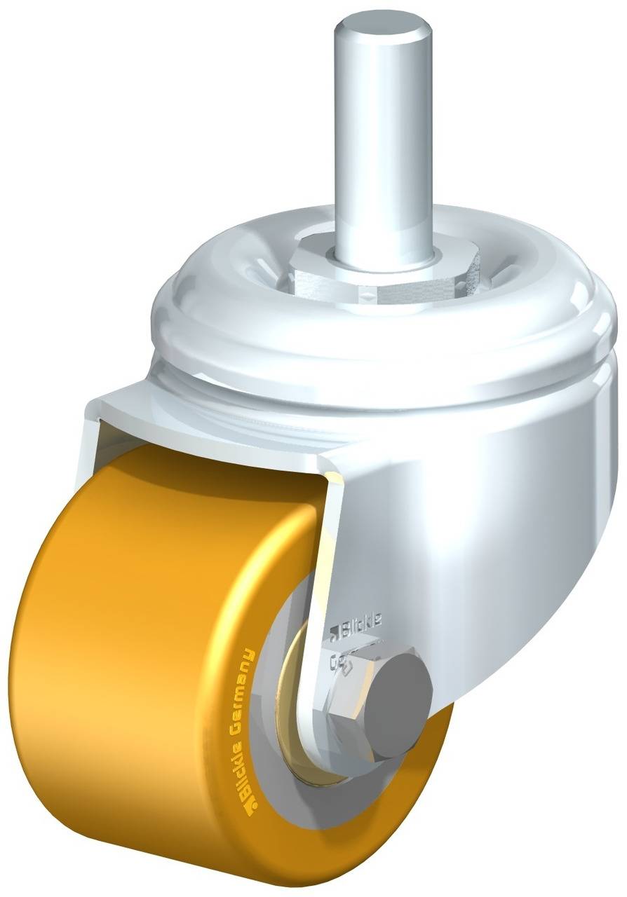 Metallisches Lenkrollengehäuse mit gelbem Rad, geeignet für Möbel- oder Geräteanwendungen.