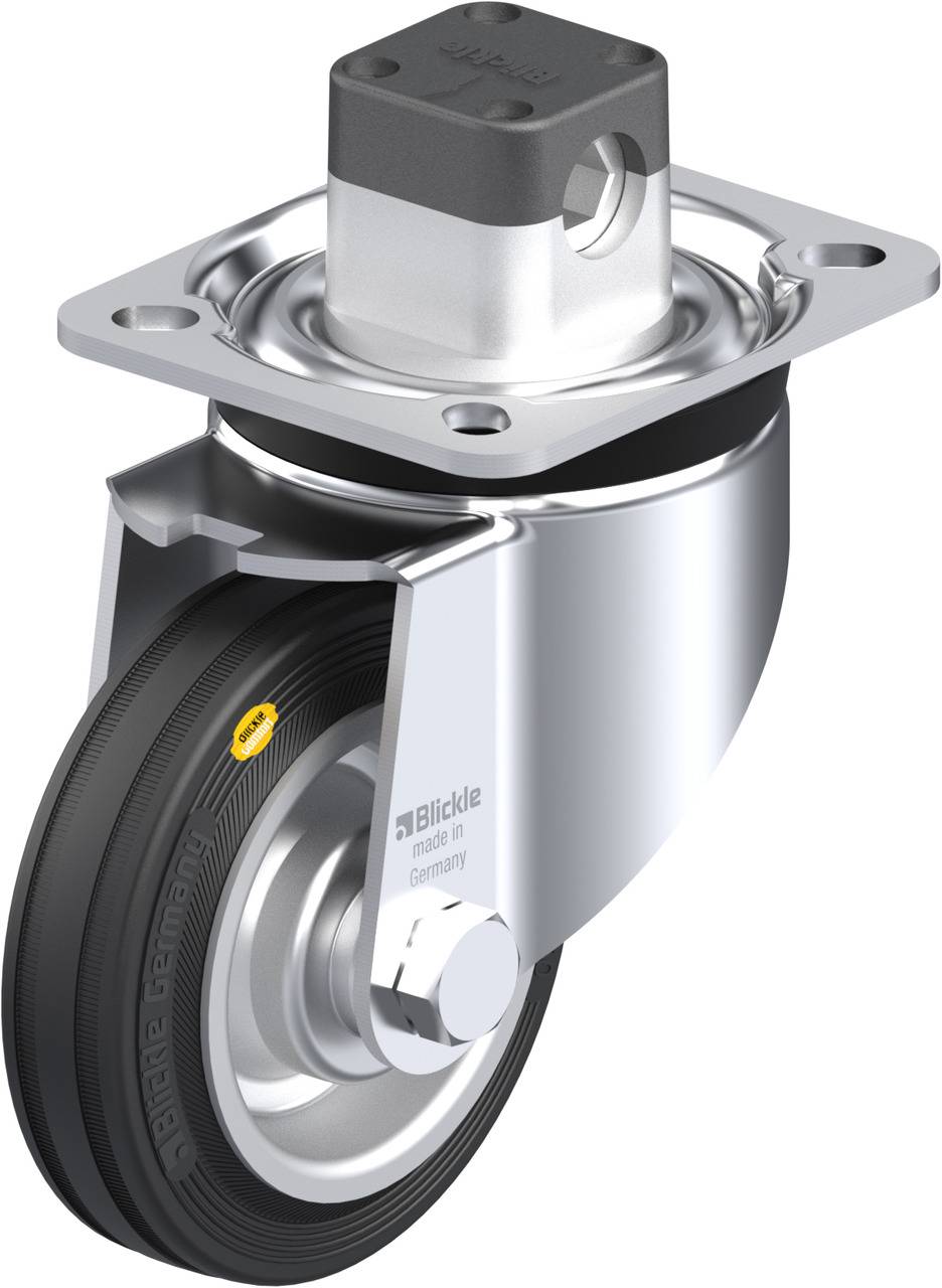Schwenkrolle mit Metallgehäuse und schwarzem Rad. Obere Montageplatte mit Befestigungslöchern. Geeignet für industrielle Anwendungen.