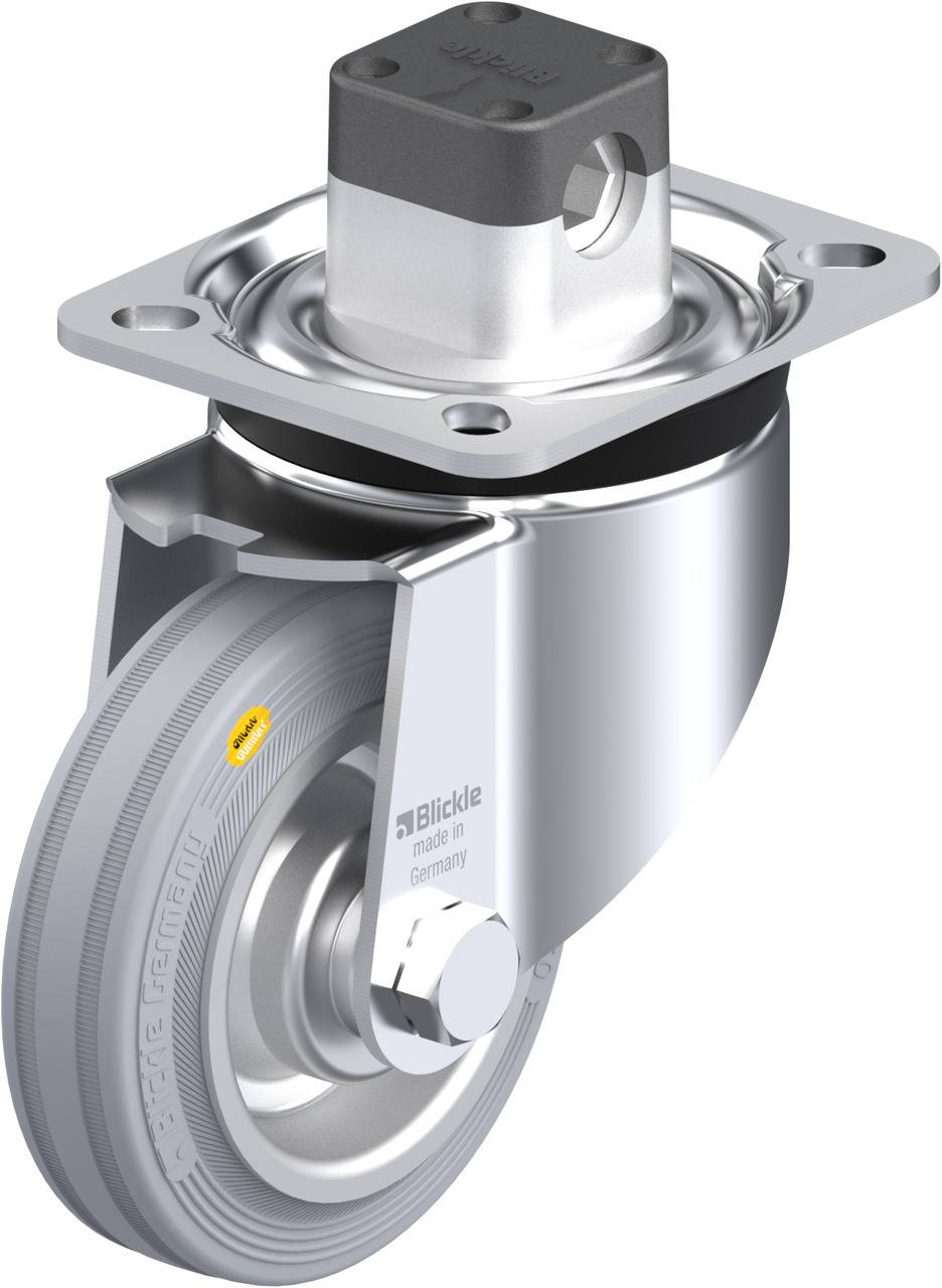 Graues Lenkrollengehäuse aus Metall, glänzend, mit grauem Rad und schwarzem Befestigungsstück. Rollenart: Lenkrolle.