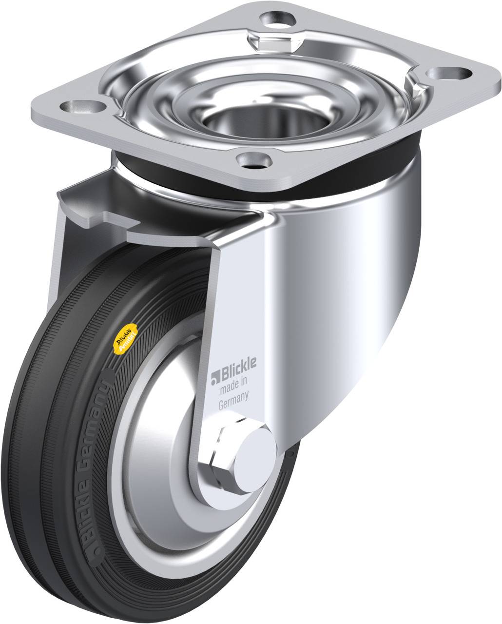 Metallisches Lenkrolle mit schwarzem Gummirad, Drehplatte und einem Schriftzug 'Blickle made in Germany'.