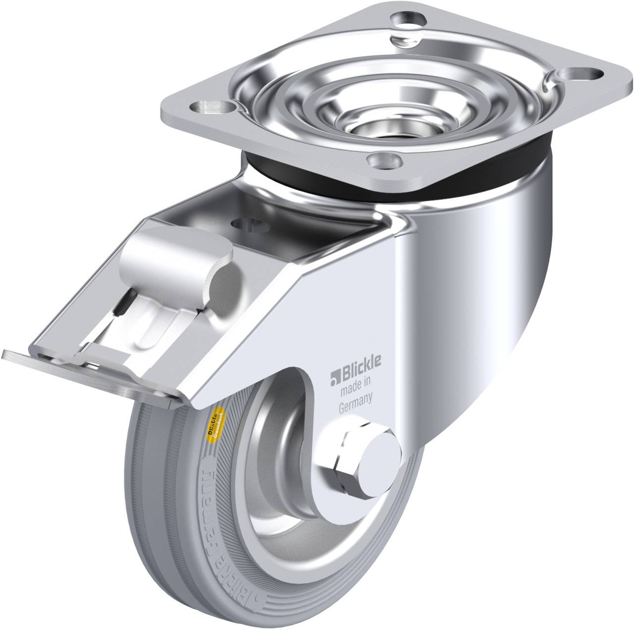Metallisches Lenkrollenrad mit Befestigungsplatte, glänzende Oberfläche, geeignet für Möbel oder Wagen, hergestellt in Deutschland.