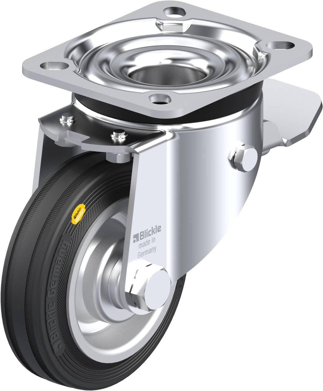 Schwenkrolle aus Metall mit schwarzem Rad, geeignet für schwere Lasten. Sie verfügt über eine Montageplatte und kann in alle Richtungen drehen.