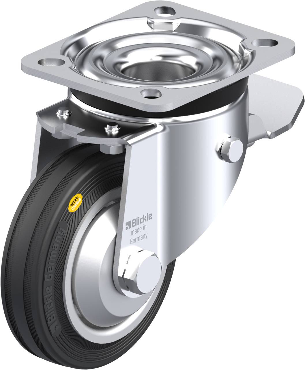Metallisches Lenkrollenrad mit schwarzem Gummi und Befestigungsplatte, geeignet für Transportgeräte oder Möbel.