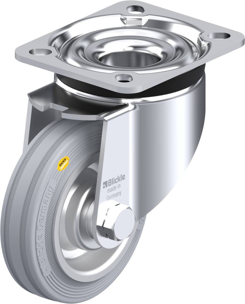 Metallisches schwenkbares Rad mit grauer Gummibeschichtung und rechteckiger Montageplatte, geeignet für schwere Lasten.