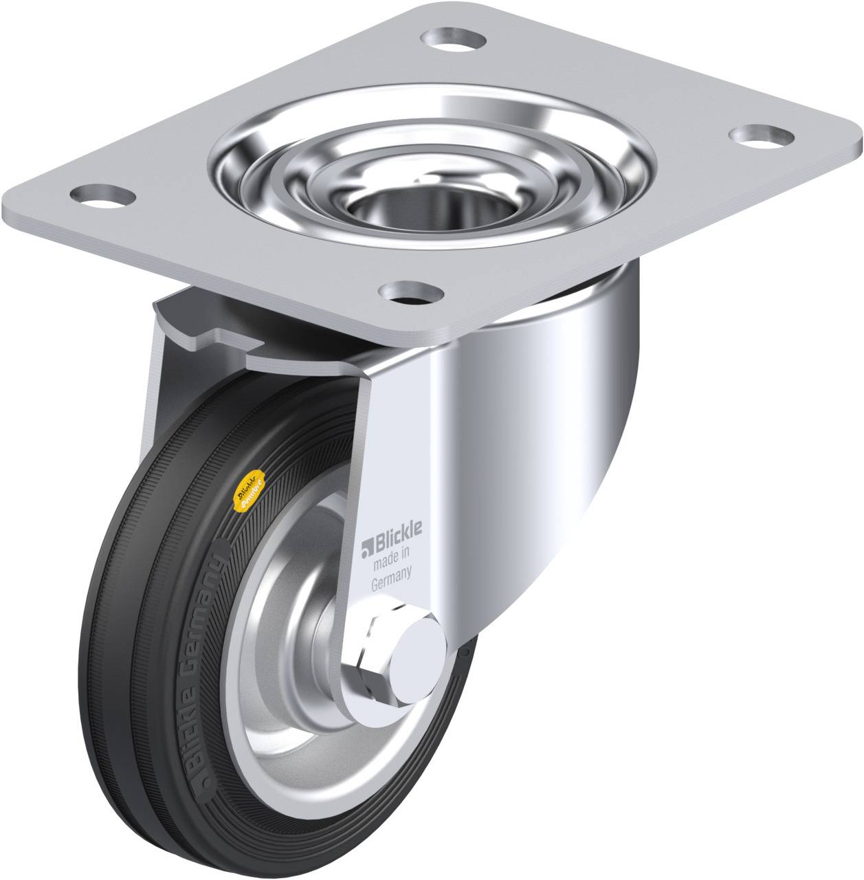 Schwenkrolle mit Metallplatte und schwarzem Rad, geeignet zur Befestigung an Möbeln oder Geräten, für leichte Mobilität und Stabilität.