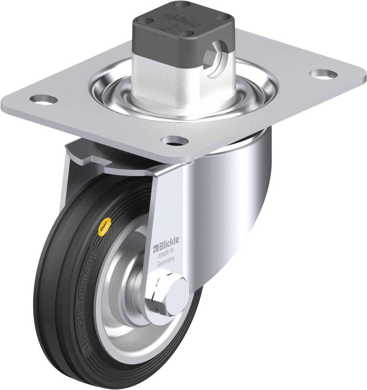 Schwenkrolle mit schwarzem Gummirad und Metallträger, geeignet für den Anbau an Möbel oder Geräte, zeigt Verschlussmechanismus oben.