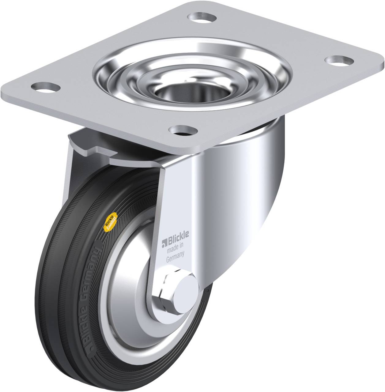 Metallrolle mit schwarzem Gummireifen, montiert auf einer quadratischen Halterung. Ideal für Transportwagen oder Möbel.