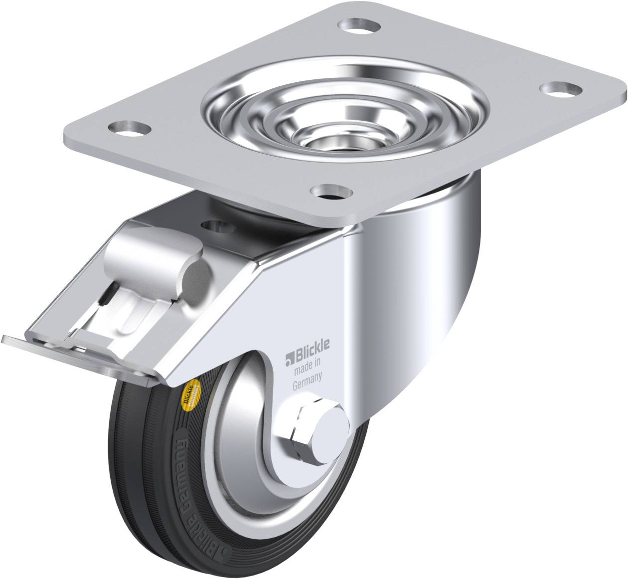 Ein silbernes Lenkrollenrad aus Metall mit schwarzem Gummi, montiert unter einer flachen Metallplatte, für Möbel oder Transportgeräte.