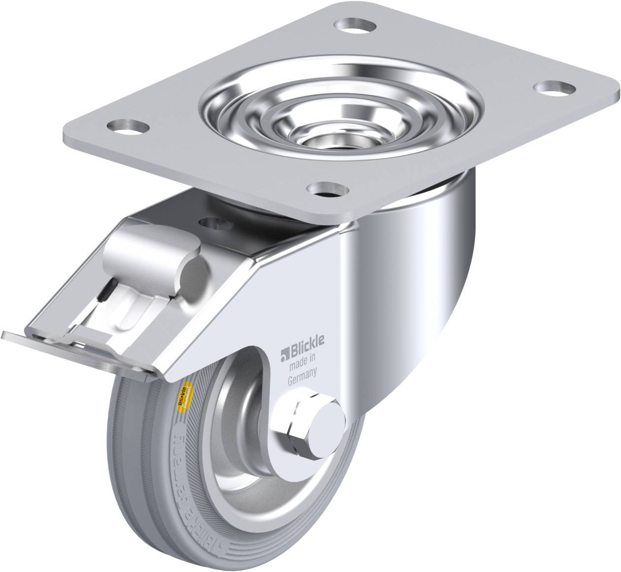 Industrie-Lenkrolle aus Metall mit grauem Rad, Montagesockel oben zu sehen. Geeignet für schweren Einsatz und flexibles Manövrieren.