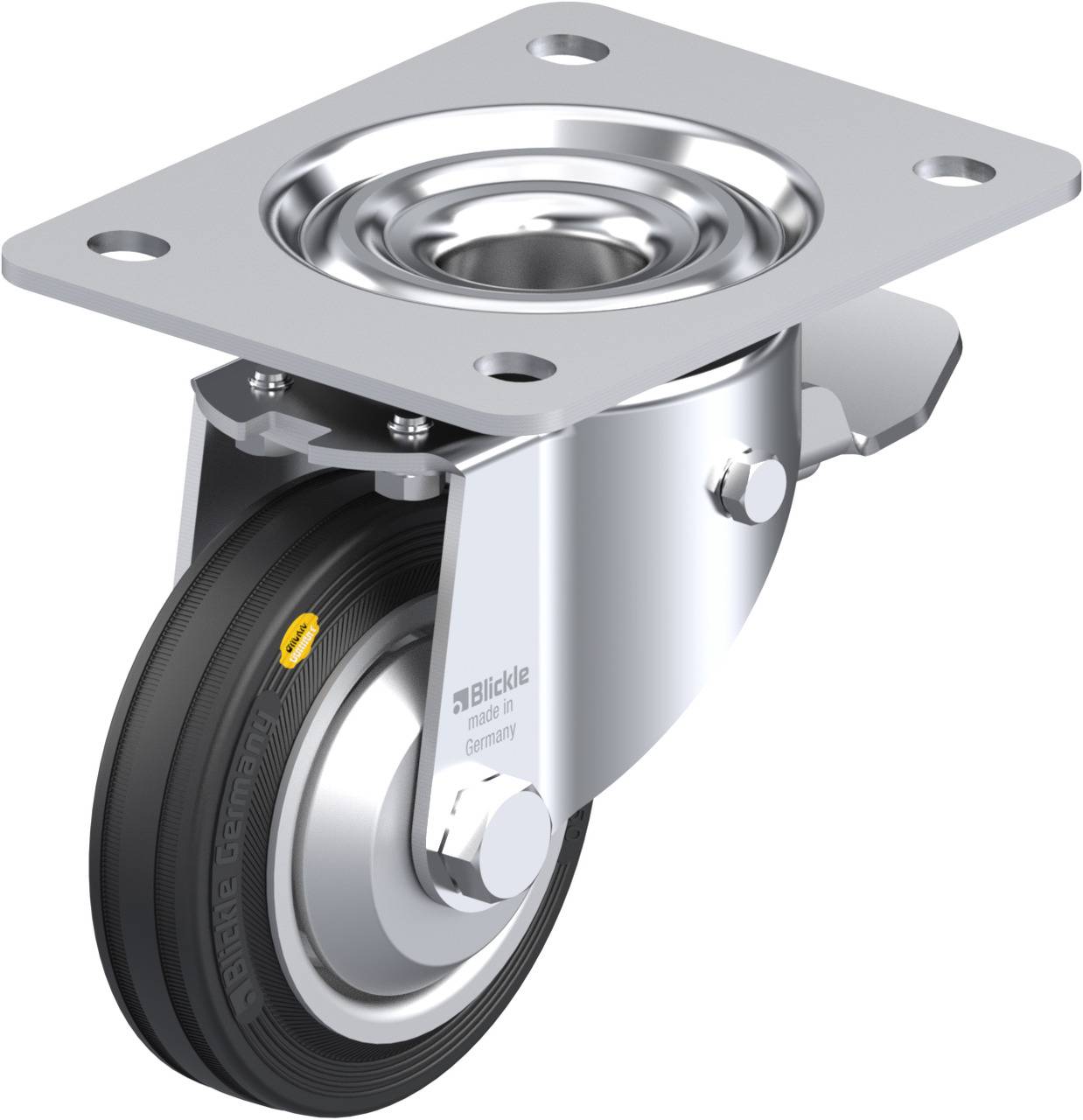 Eine einzelne Metallen-Lenkrolle mit Befestigungsplatte, Kugellager und schwarzem Reifen, geeignet für industrielle Anwendungen.