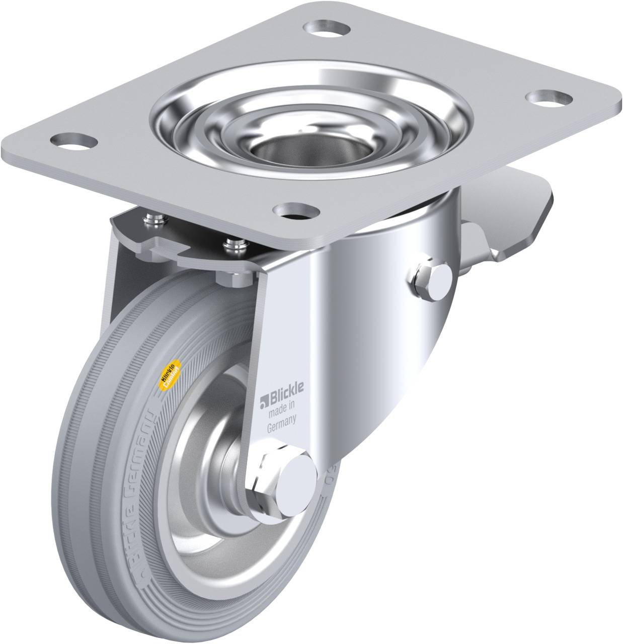 Industrie-Rollenlager mit grauem Rad, montiert auf einer Metallplatte. Geeignet für schwere Lasten in industriellen Anwendungen.