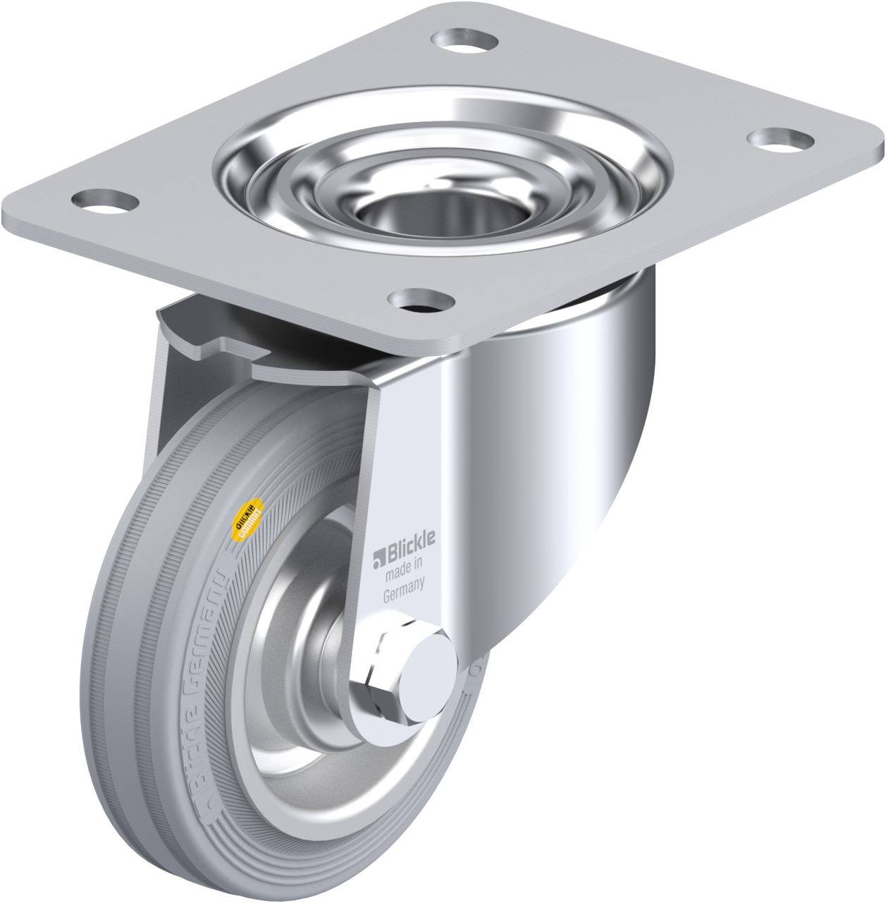 Schwenkrolle aus Metall mit grauem Rad, geeignet für Transportgeräte. Zeigt eine obere Montageplatte zur Befestigung.