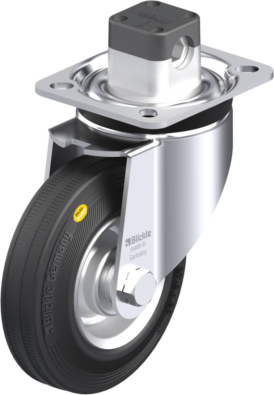 Metallisches Lenkrollenrad mit schwarzem Reifen und Befestigungsplatte. Aufschrift auf dem Rad und der Halterung sind zu erkennen.