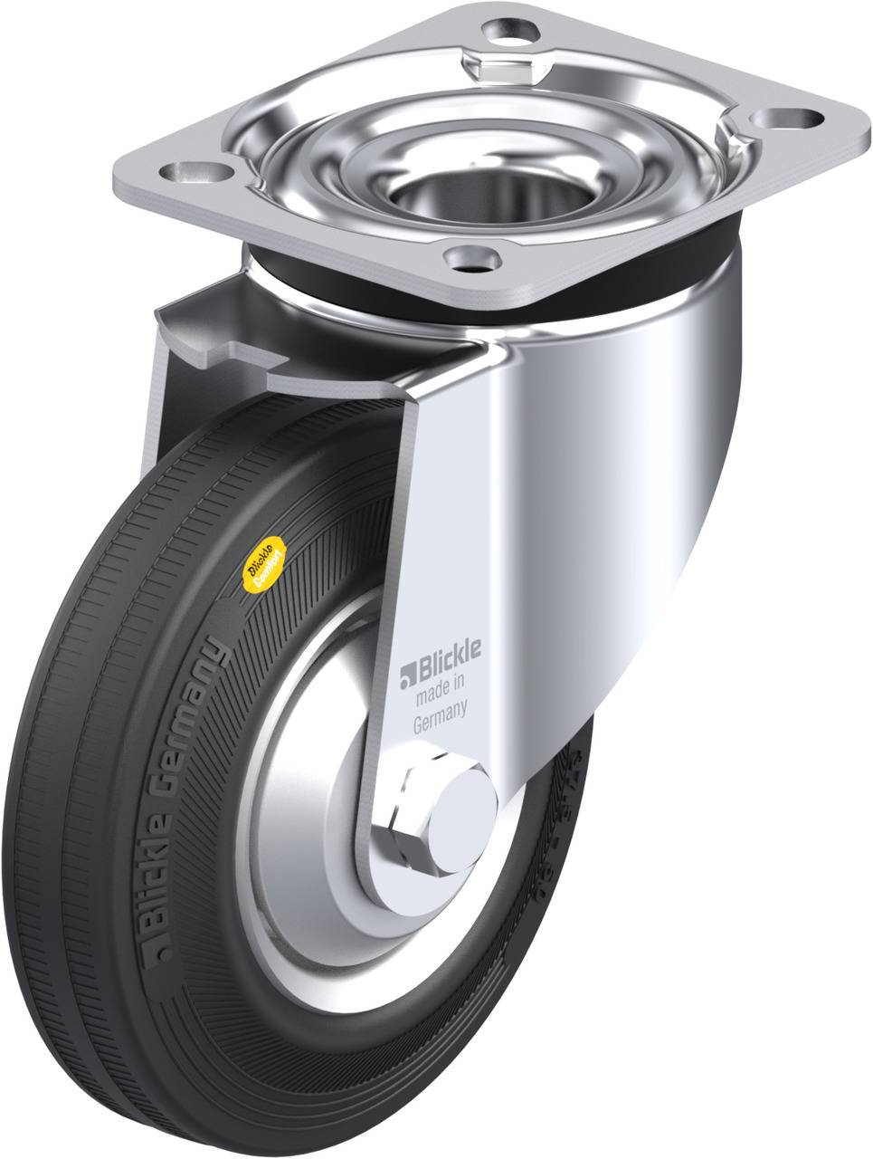 Industrie-Lenkrolle aus Metall mit schwarzem Rad, obere Montageplatte und sichtbare Schrauböffnungen zur Befestigung.