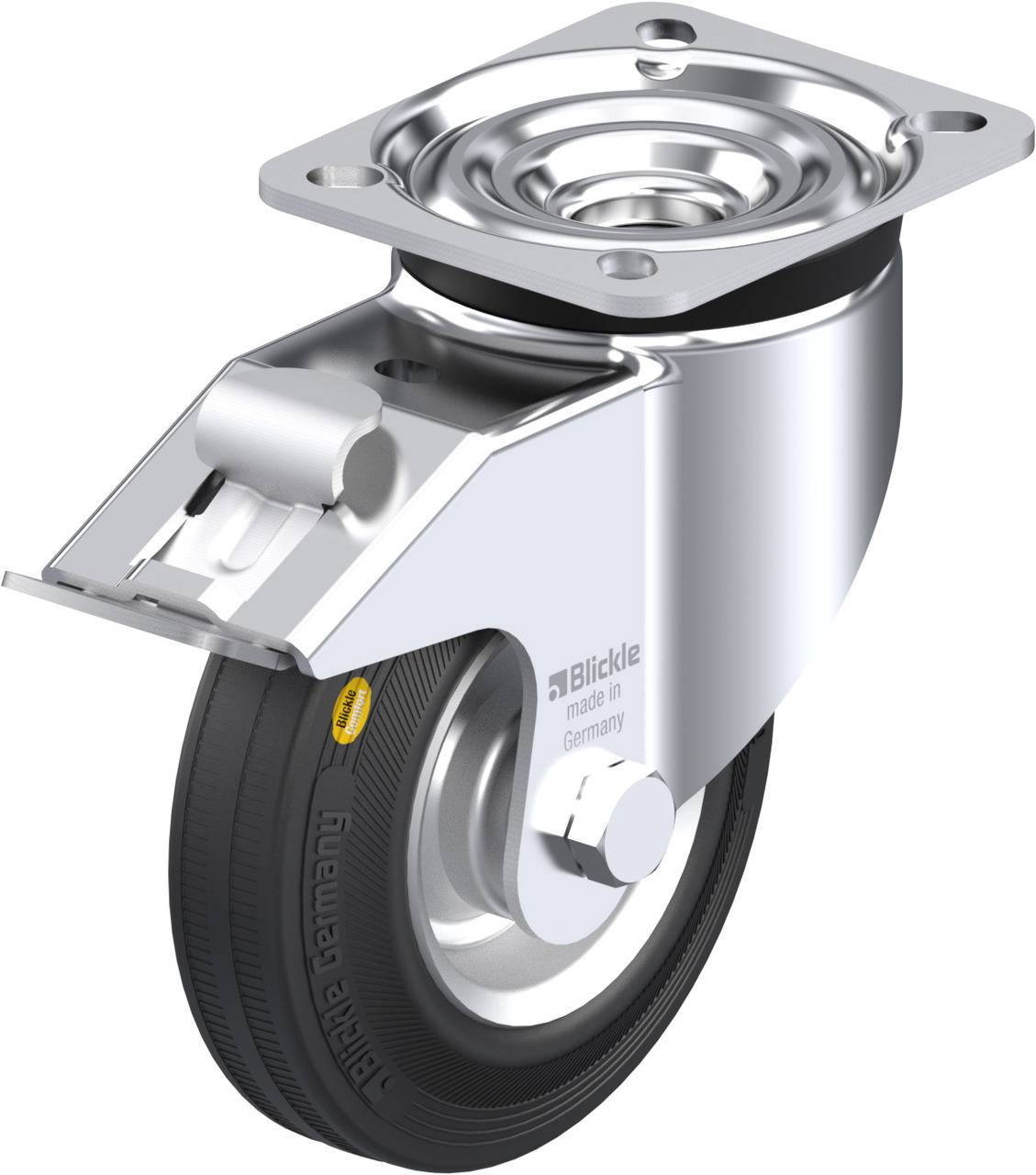 Drehrolle aus Metall mit Gummirad, geeignet für schwere Lasten. Die Rolle hat eine Halterung und ist um 360 Grad drehbar.