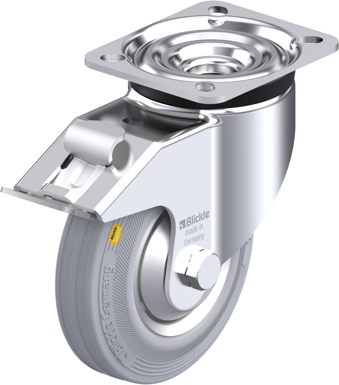 Schwenkrolle aus Metall mit Bremse und grauem Rad, geeignet für industrielle Anwendungen, hergestellt in Deutschland.
