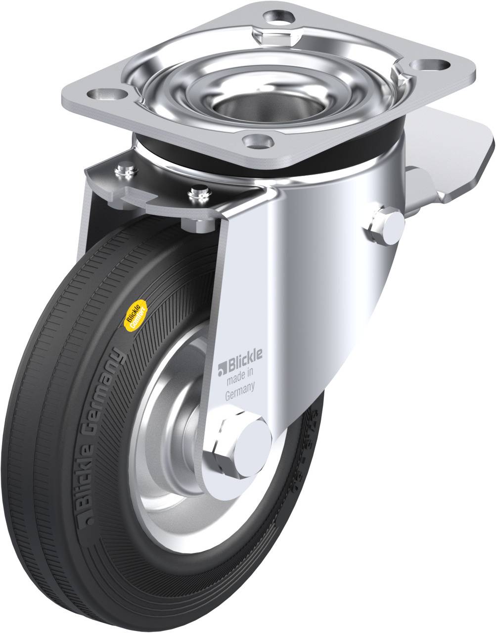 Metallisches Schwenk-Rad mit Gummi-Reifen, montiert an einer Halterung. Geeignet für Möbel oder Industrieausstattung.