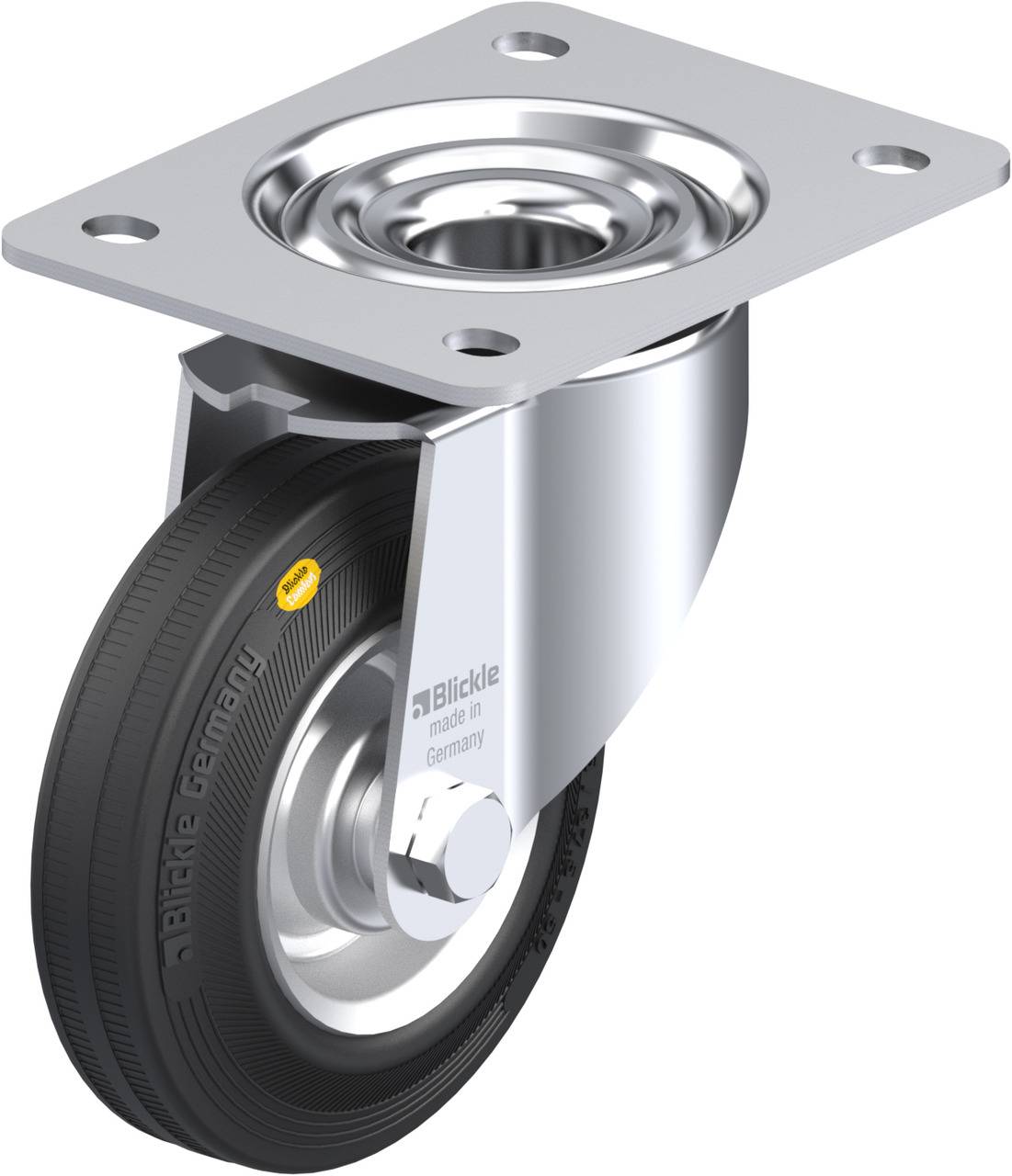 Schwenkrolle aus Metall mit schwarzem Gummirad, montiert an einer rechteckigen Platte, geeignet für Transportgeräte.