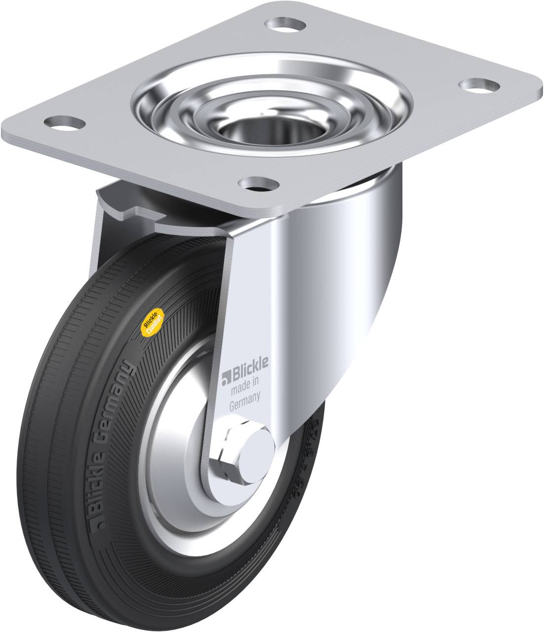 Eine Lenkrolle mit Metallplatte und schwarzem Reifen, geeignet für Möbel oder Transportgeräte. Marke und Herkunft sind auf der Rolle erkennbar.