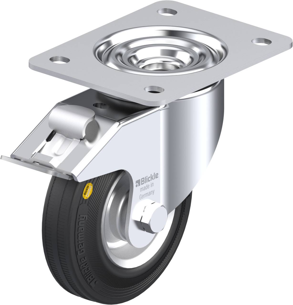 Metallenes Lenkrolle mit schwarzem Reifen, montiert auf einer quadratischen Platte, ideal für industrielle Anwendungen und Möbel.
