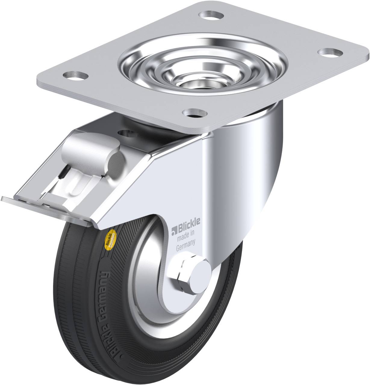 Schwenkrolle aus Metall mit schwarzem Rad, geeignet zur Befestigung an Möbeln oder Wagen für Mobilität.
