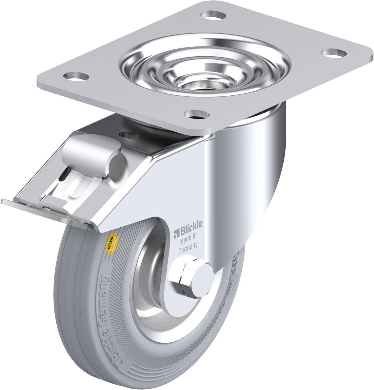 Ein silbernes Lenkrollenrad mit grauem Reifen, ideal für Möbel oder Transportausrüstung. Beinhaltet ein rotierendes Schwenklager.