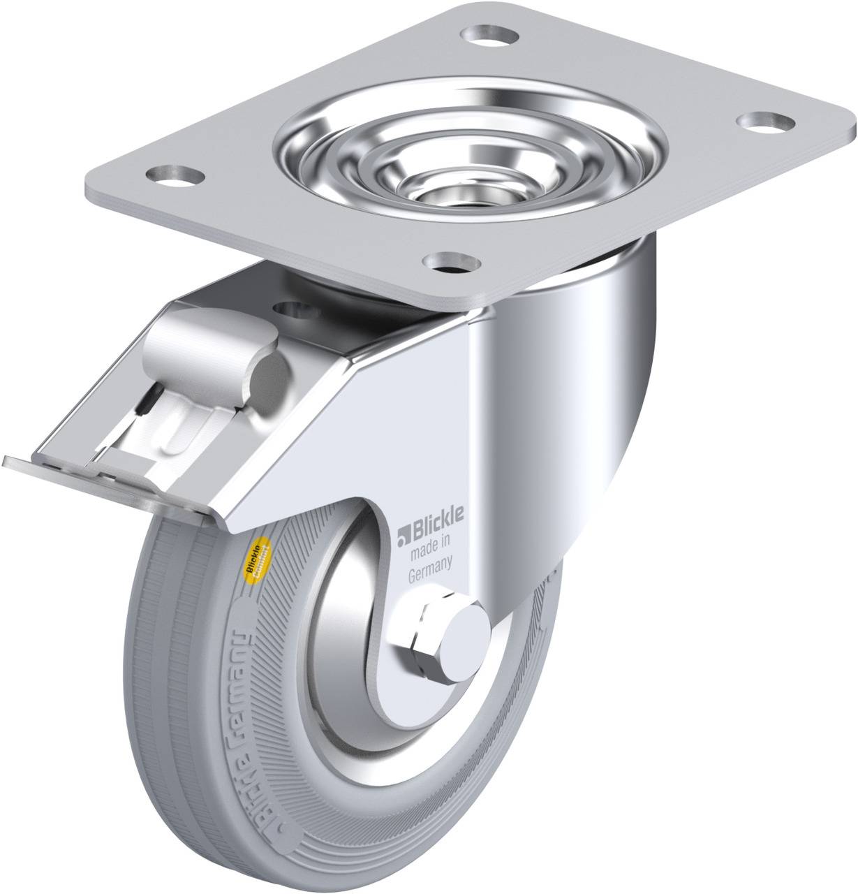 Schwenkrolle mit grauem Rad und Metallhalterung, für industrielle Anwendungen.