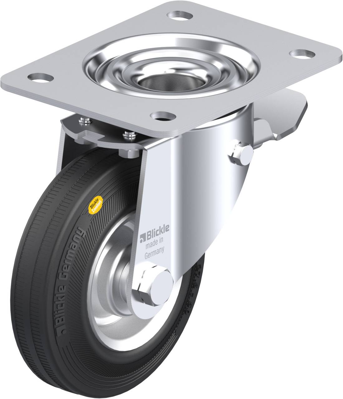 Schwenkrolle aus Metall mit schwarzem Gummirad, geeignet für den Einsatz an Möbeln oder Transportwagen, stabile Bauweise.