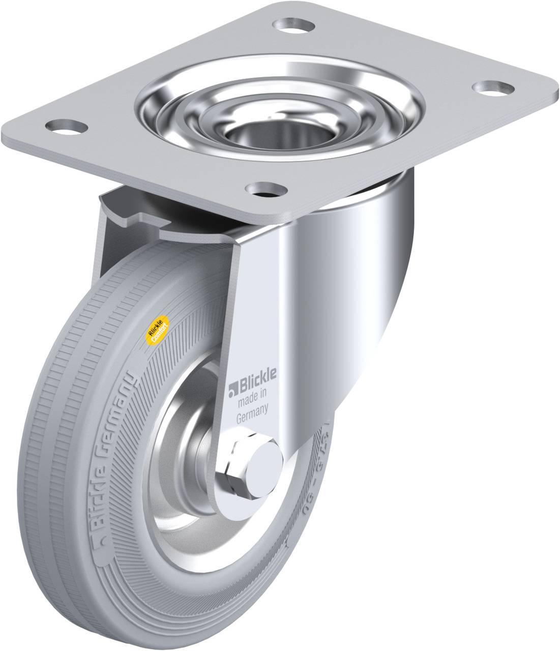 Rollenrad aus Metall mit grauem Gummireifen, Lagerung sichtbar. Geeignet für Möbel oder Transportgeräte dank robuster Konstruktion.