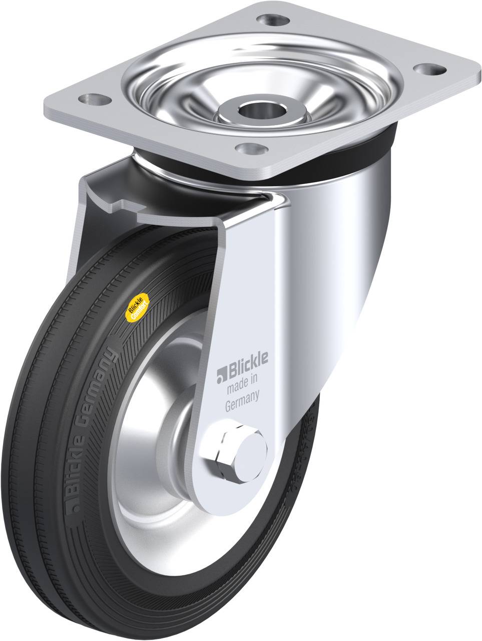 Metallenes Lenkrolle mit schwarzem Gummirad und Montageplatte, geeignet für Industrieanwendungen. Aufschrift: 'Blickle made in Germany'.