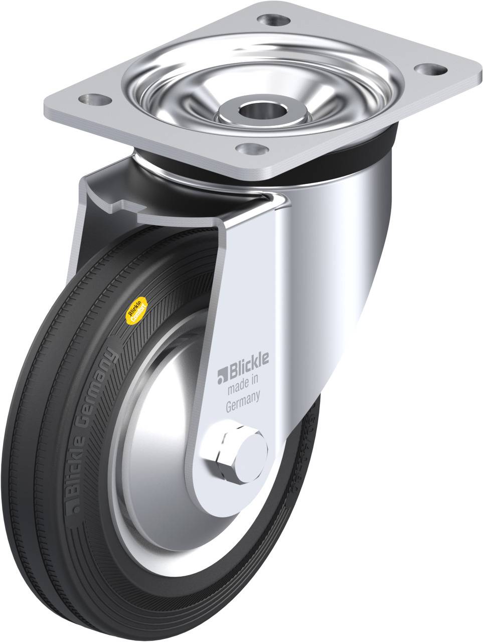 Lenkrolle aus Metall mit schwarzem Gummirad, vier Befestigungslöchern und Markenaufdruck 'Blickle Germany'.