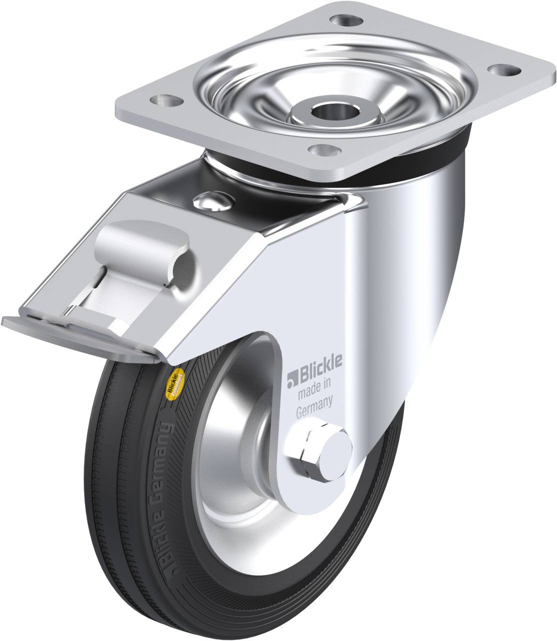 Eine silberne Rolle mit schwarzem Rad, geeignet für Möbel; rechteckige Montageplatte oben. Text: 'Blickle made in Germany'.