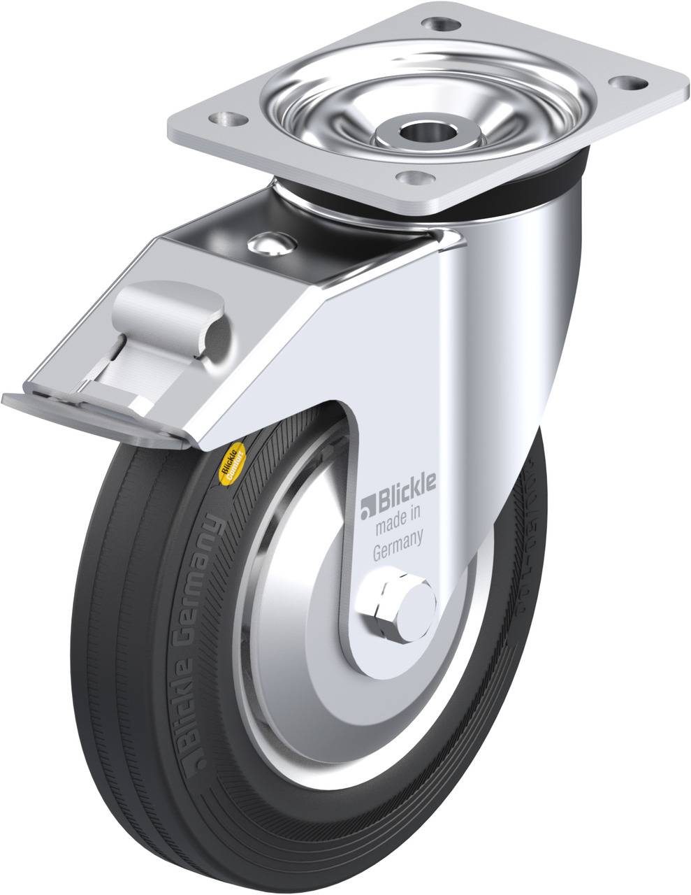 Drehbares Bockrollenrad aus Metall mit schwarzem Gummi, geeignet für industrielle Anwendungen. 