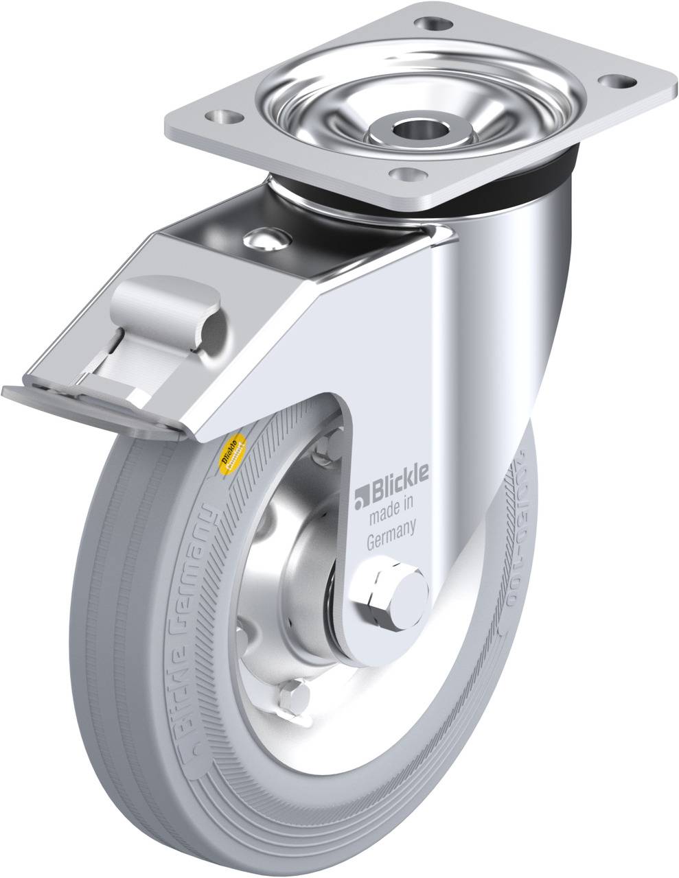 Schwenkrolle aus Metall mit grauem Rad und Bremse. Aufschrift 'Blickle made in Germany'. Geeignet für Industrieanwendungen.