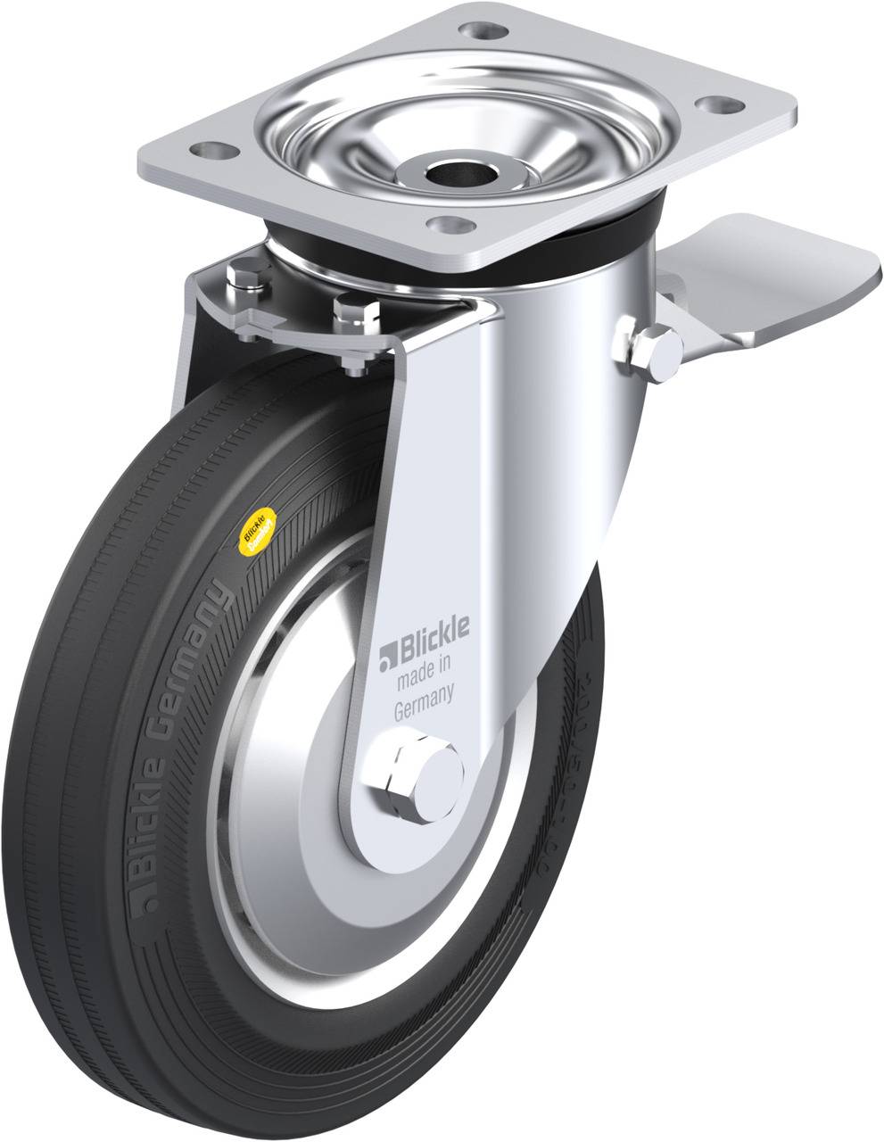 Metallisches Lenkrollenrad mit schwarzem Gummi, silbernem Gehäuse und Befestigungsplatte, geeignet für industrielle Anwendungen.